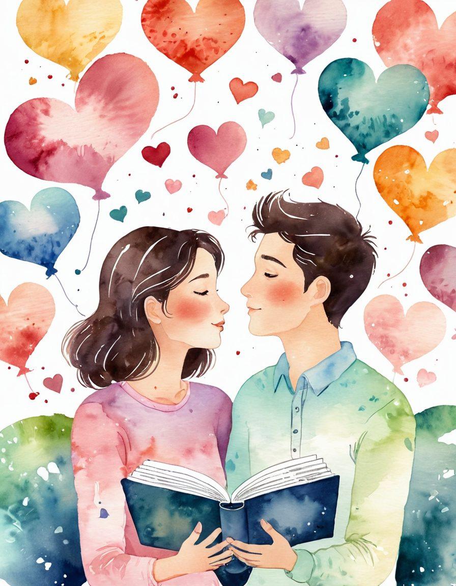 A romantic scene featuring a couple communicating with hearts and words floating around them, symbolizing love and heartfelt expressions. Include elements like a whimsical book and colorful speech bubbles filled with relationship vocabulary. The background should be soft and dreamy, evoking a sense of warmth and connection. watercolor style. pastel colors. dreamy atmosphere.