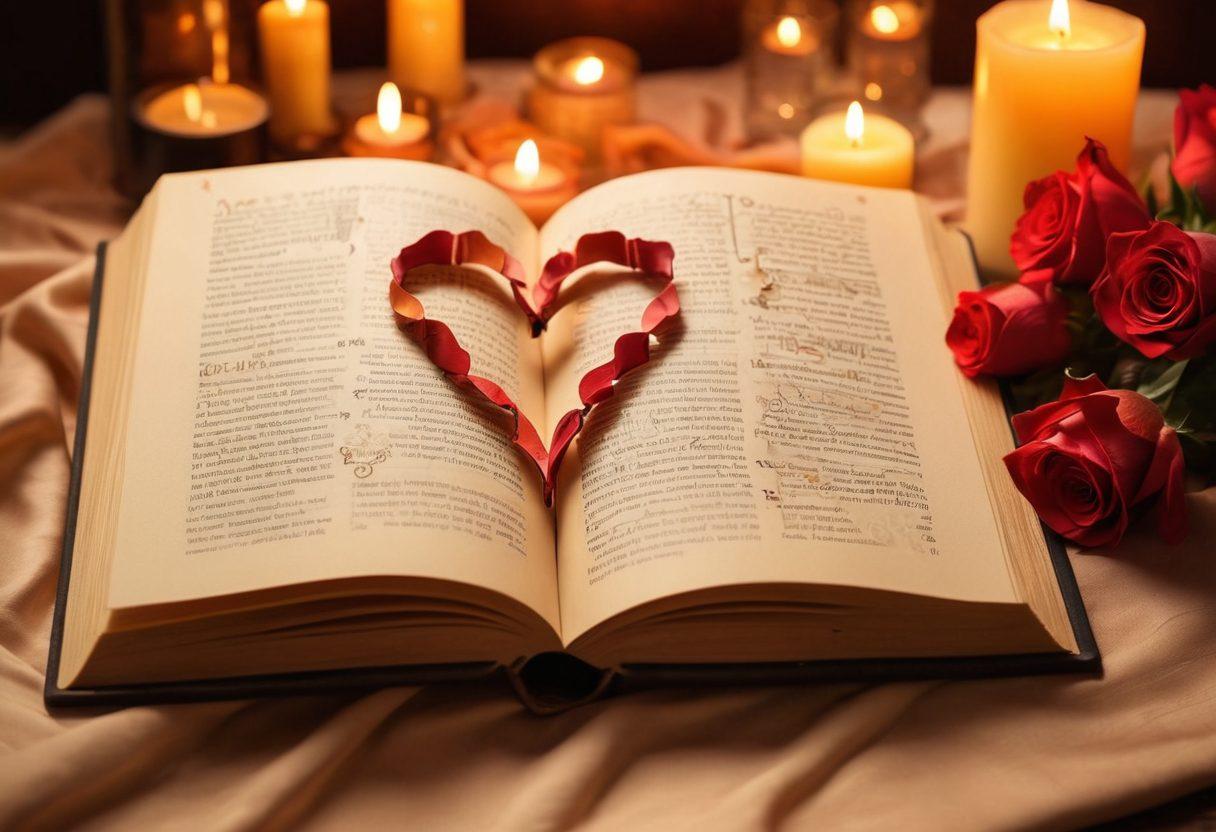A beautifully arranged book open to pages filled with words related to love and intimacy, surrounded by romantic symbols like hearts, roses, and candles, with a soft, warm glow illuminating the scene. The background features a cozy, intimate setting with a couples' silhouette in soft focus. The overall color palette is warm and inviting, evoking feelings of love. super-realistic. vibrant colors. soft focus.